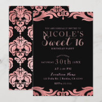 Rose Gold Black Damask Chic Elegant Sweet 16 Party