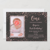 Rose Gold Black First Birthday Foto Einladung (Vorderseite)