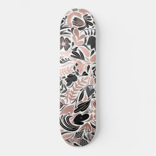 Rose Gold Black Floral Leaf Illustration Pattern Skateboard