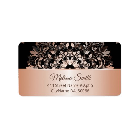 Rose Gold Black Floral Mandala Adressaufkleber (Vorne)