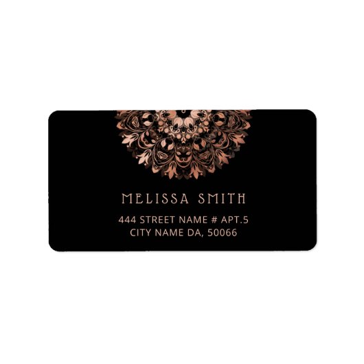 Rose Gold Black Floral Mandala Adressaufkleber (Vorne)