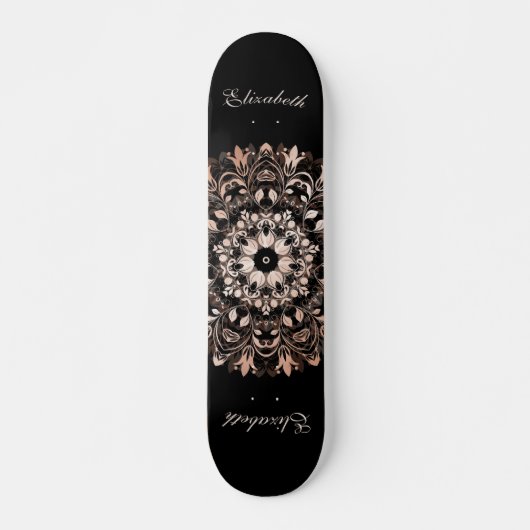 Rose Gold Black Floral Mandala Monogram Skateboard (Vorne)