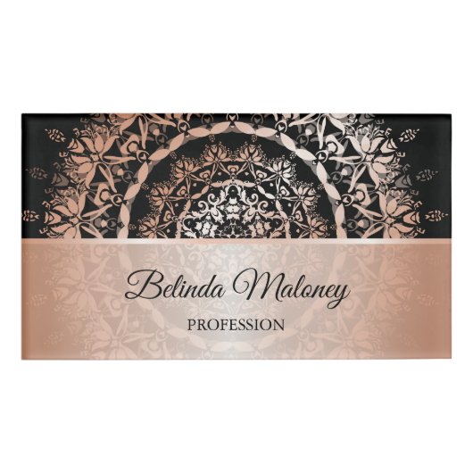 Rose Gold Black Floral Mandala Namenschild (Vorderseite)
