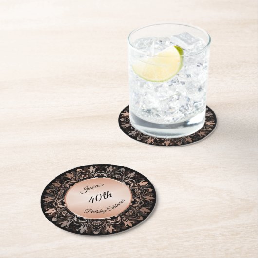 Rose Gold Black Floral Mandala Runder Pappuntersetzer (Vor Ort)