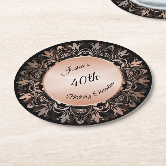 Rose Gold Black Floral Mandala Runder Pappuntersetzer (Angewinkelt)