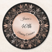 Rose Gold Black Floral Mandala Runder Pappuntersetzer (Vorderseite)