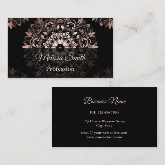 Rose Gold Black Floral Mandala Salon Visitenkarte (Vorne/Hinten)