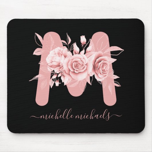 Rose Gold Black Floral Water Monogram Mousepad (Vorne)