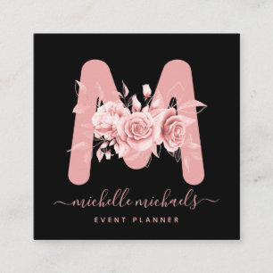 Rose Gold Black Floral Water Monogram Quadratische Visitenkarte