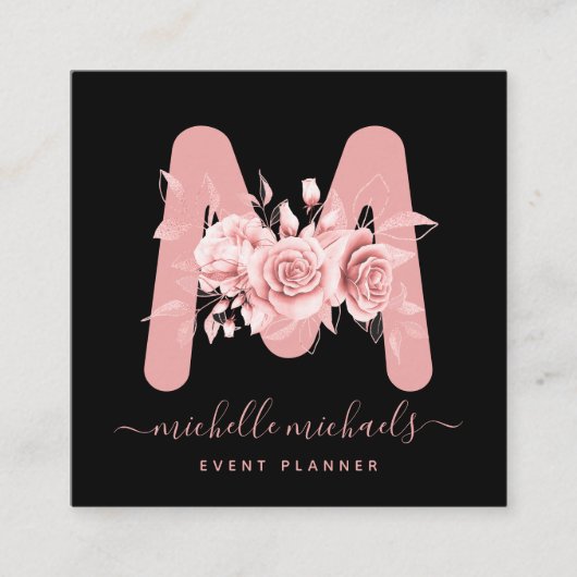 Rose Gold Black Floral Water Monogram Quadratische Visitenkarte (Vorderseite)