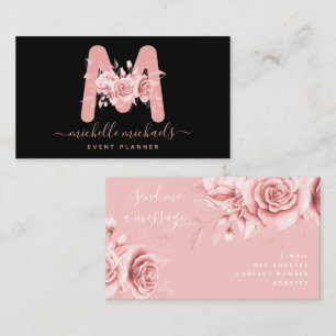 Rose Gold Black Floral Water Monogram Visitenkarte