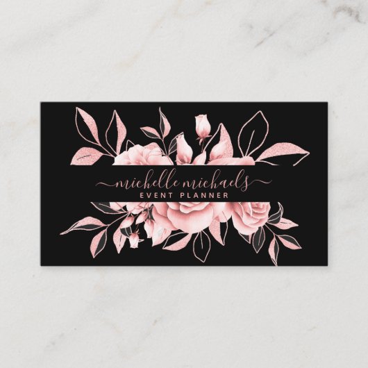 Rose Gold Black Floral Watercolor Eventplaner Visitenkarte (Vorderseite)
