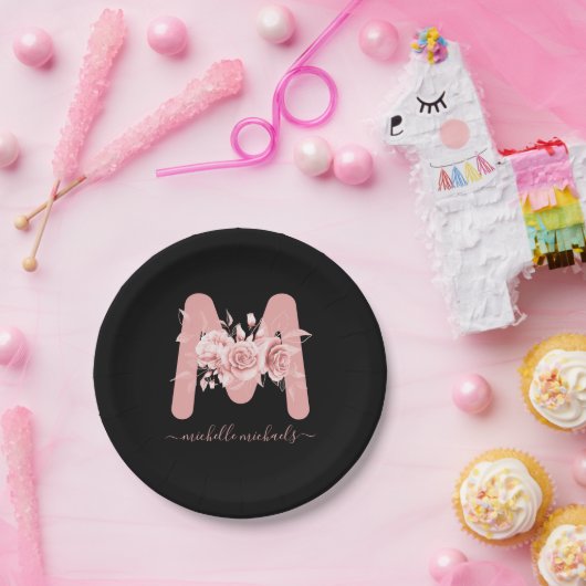 Rose Gold Black Floral Wind Monogramm Pappteller (Party)