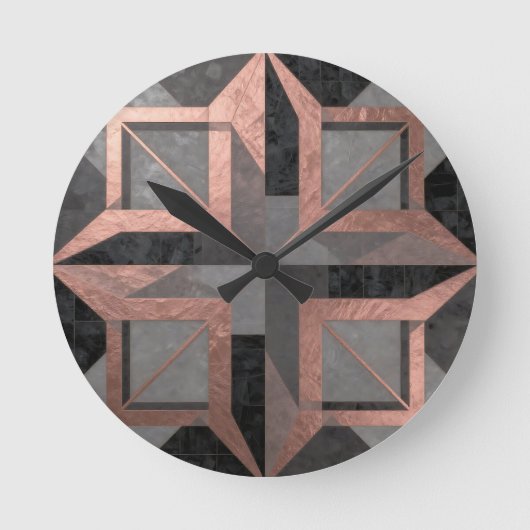 Rose Gold Black Geometric Marble Runde Wanduhr (Vorderseite)