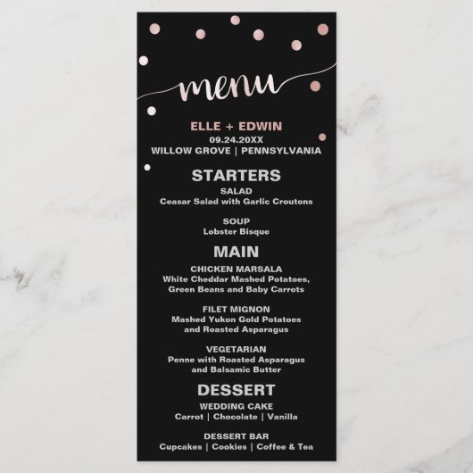 Rose Gold & Black Glam Confetti Wedding Menu Card Menükarte (Vorderseite)