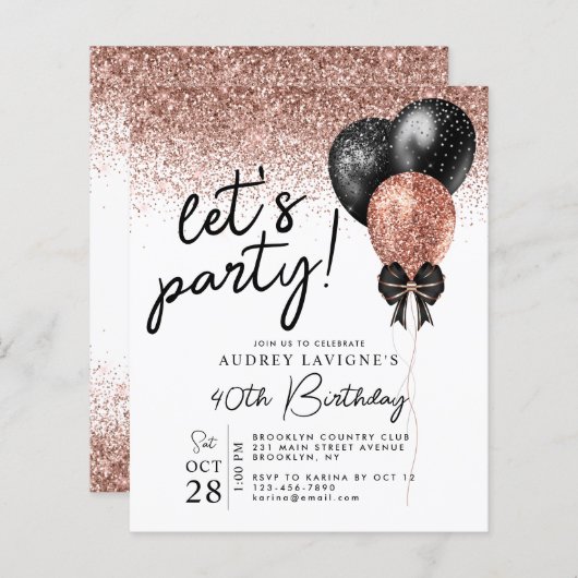 Rose Gold Black Glitzer Ballon Geburtstag (Vorne/Hinten)