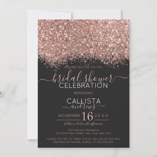 Rose Gold Black Glitzer Confetti Brautparty Einladung (Vorderseite)