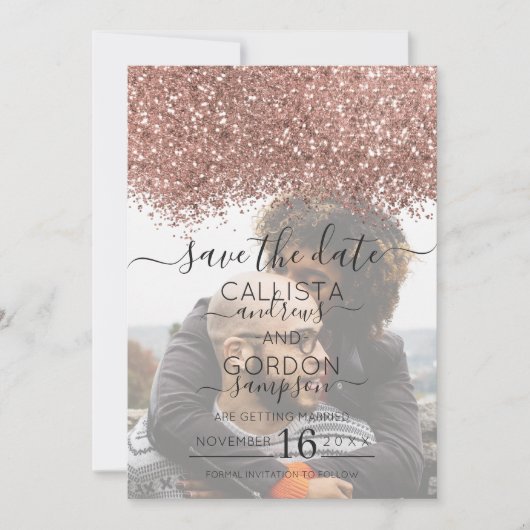 Rose Gold Black Glitzer Confetti Foto Hochzeit Save The Date (Vorderseite)