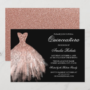 Rose Gold Black Glitzer Dress Quinceanera Einladung