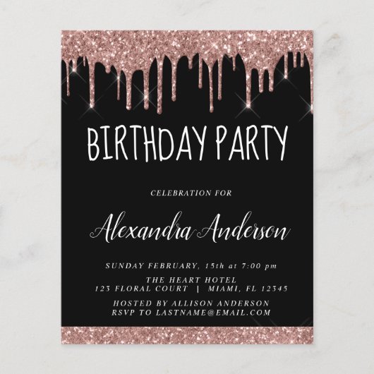 Rose Gold Black Glitzer Geburtstag Flyer (Vorne)