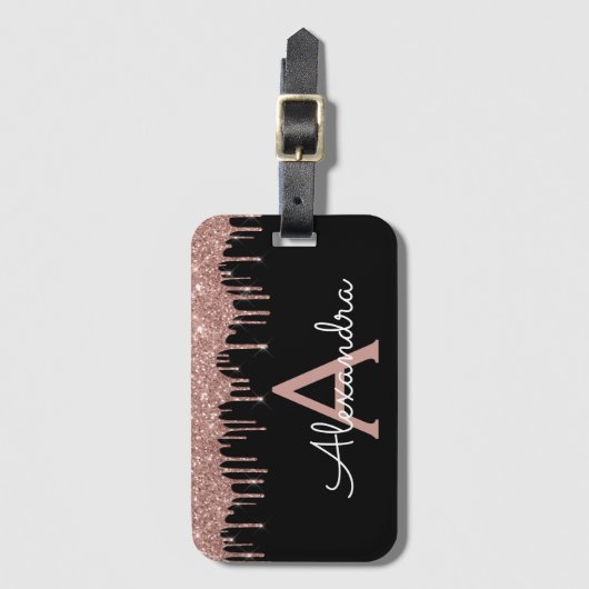 Rose Gold Black Glitzer Sparkone Monogramm Gepäckanhänger (Vorderseite Vertikal)