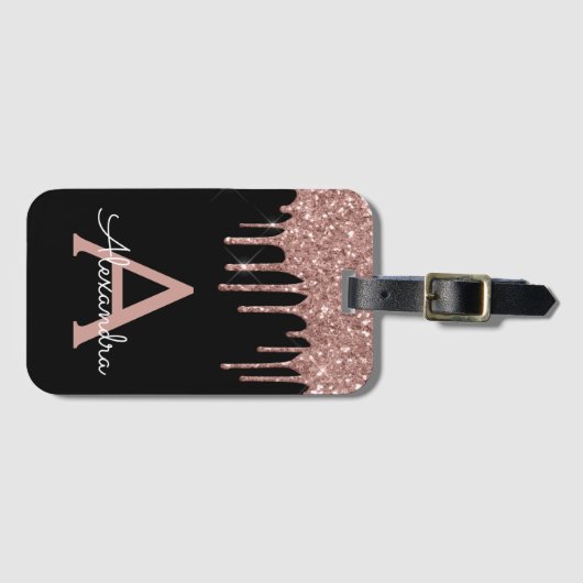 Rose Gold Black Glitzer Sparkone Monogramm Gepäckanhänger (Vorderseite (Horizontal))