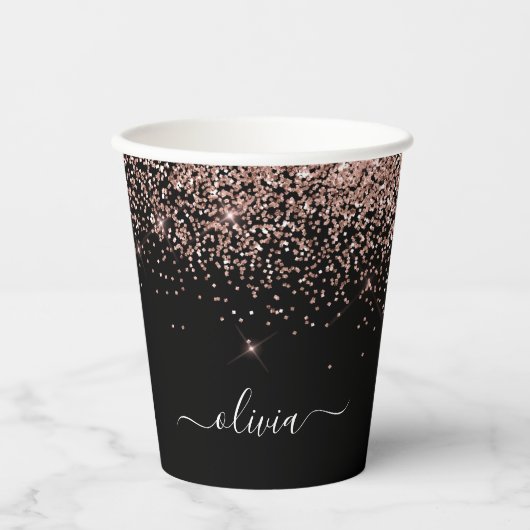Rose Gold Black Glitzer Sparkone Monogramm Pappbecher (Vorderseite)