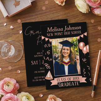 Rose Gold & Black Grad Party Photo Invitation Einladung