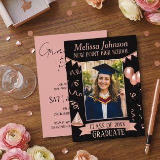 Rose Gold & Black Grad Party Photo Invitation Einladung