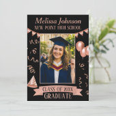 Rose Gold & Black Grad Party Photo Invitation Einladung (Stehend Vorderseite)