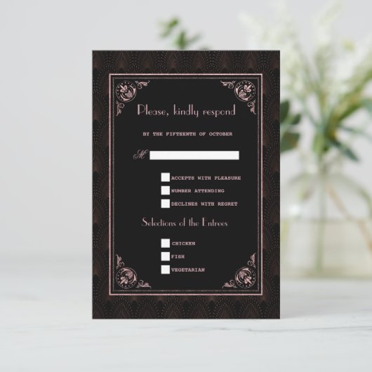 Rose Gold Black Great Gatsby Art Deco Hochzeit RSVP Karte (Stehend Vorderseite)