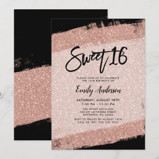 Rose Gold Black Imitats Glitzer Brush Sweet 16 Einladung