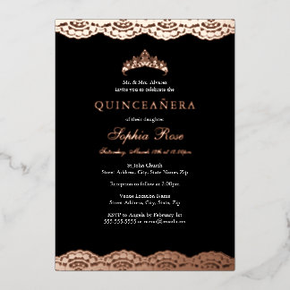 Rose Gold Black Lace Tiara Quinceanera Foil Folieneinladung