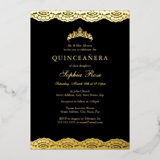 Rose Gold Black Lace Tiara Quinceanera Foil Folieneinladung (Vorderseite)