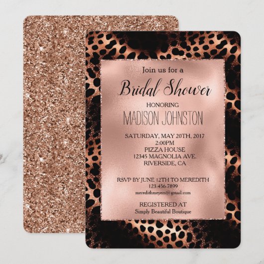 Rose Gold Black Leopard Glitzer Einladung (Vorne/Hinten)