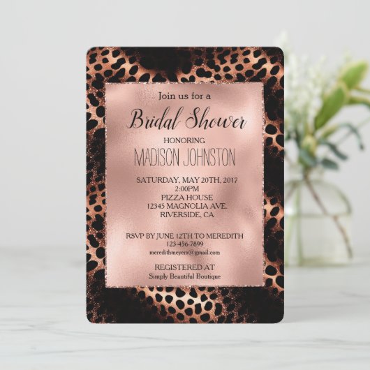 Rose Gold Black Leopard Glitzer Einladung (Stehend Vorderseite)