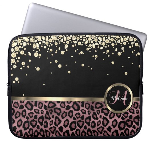 Rose Gold, Black Leopard mit Gold Diamonds Laptopschutzhülle (Vorderseite)