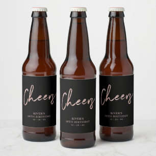 Rose Gold & Black Lettering Cheers Adult Geburtsta Bierflaschenetikett