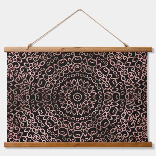 Rose Gold Black Mandala Trippy Psychedelic Hippie Wandteppich Mit Holzrahmen (Vorne)