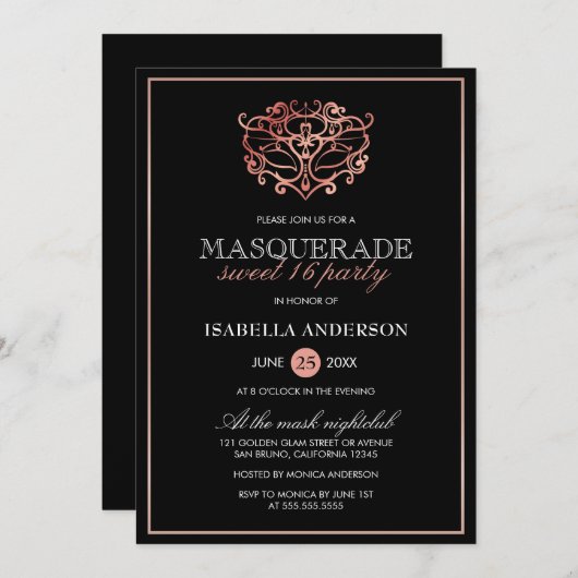 Rose Gold & Black Masquerade Sweet 16 Typografie Einladung (Vorne/Hinten)