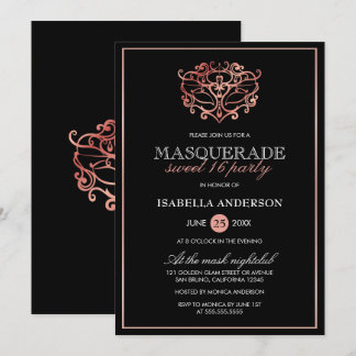 Rose Gold & Black Masquerade Sweet 16 Typografie Einladung
