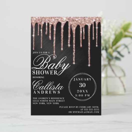 Rose Gold Black Metallic Glitzer Tropfen Kinderdus Einladung (Stehend Vorderseite)