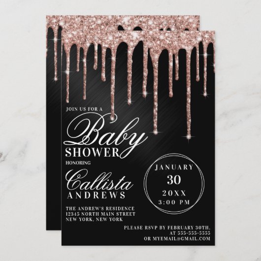 Rose Gold Black Metallic Glitzer Tropfen Kinderdus Einladung (Vorne/Hinten)