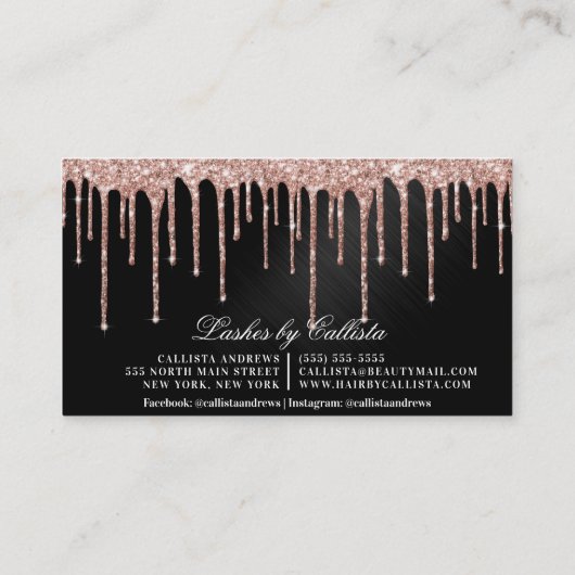 Rose Gold Black Metallic Glitzer Tropfen Lashes Visitenkarte (Rückseite)
