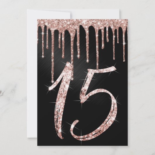 Rose Gold Black Metallic Glitzer Tropfen Quinceañe Einladung (Rückseite)