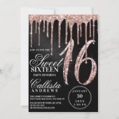 Rose Gold Black Metallic Glitzer Tropfen Sweet 16 Einladung (Vorderseite)