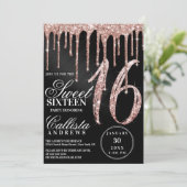 Rose Gold Black Metallic Glitzer Tropfen Sweet 16 Einladung (Stehend Vorderseite)