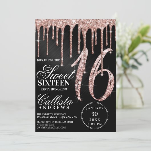 Rose Gold Black Metallic Glitzer Tropfen Sweet 16 Einladung (Stehend Vorderseite)