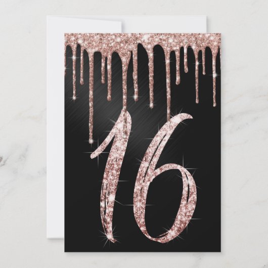 Rose Gold Black Metallic Glitzer Tropfen Sweet 16 Einladung (Rückseite)