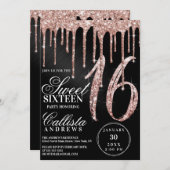 Rose Gold Black Metallic Glitzer Tropfen Sweet 16 Einladung (Vorne/Hinten)